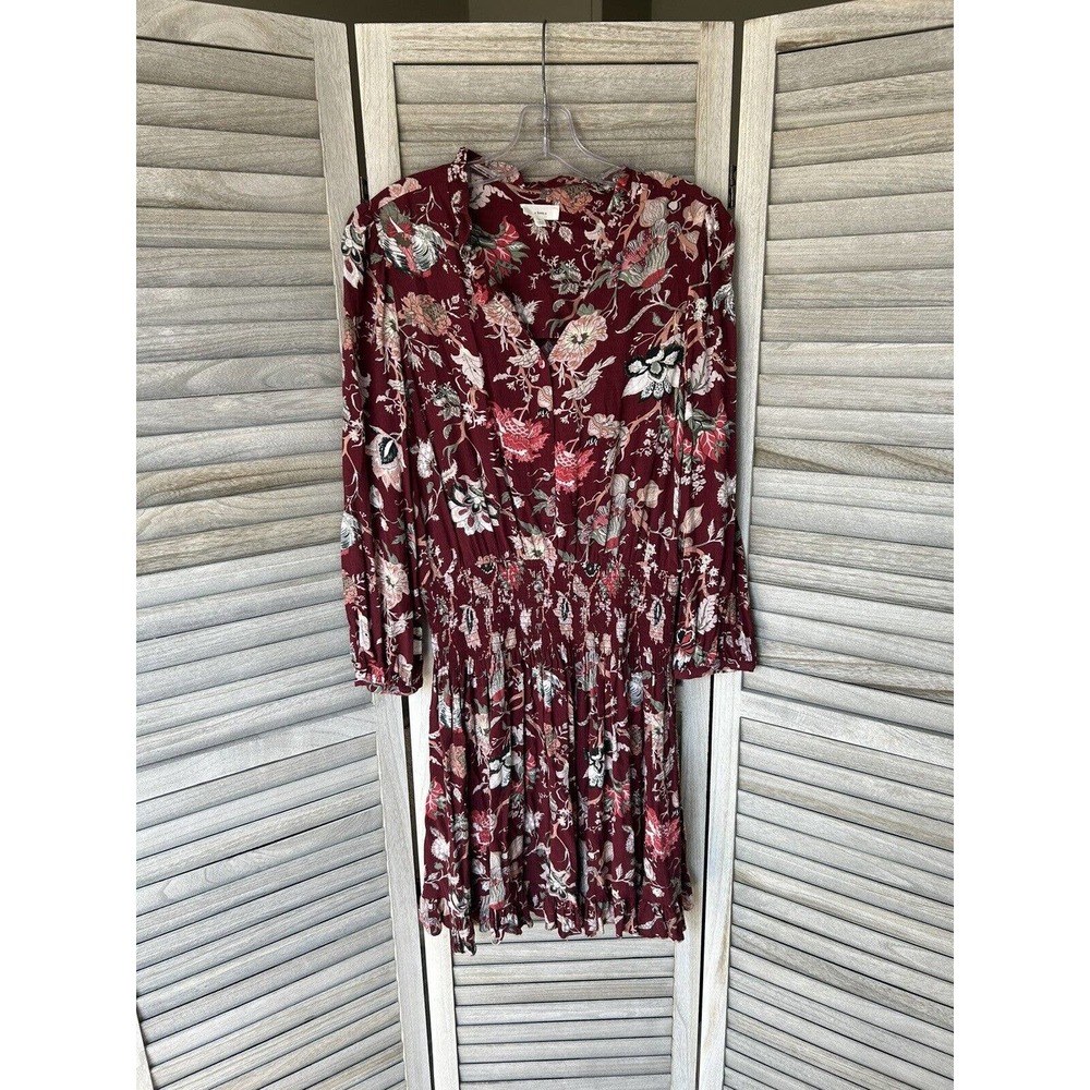 A Loves A Maroon Floral Paisley Long Sleeve Dress Large Viscose Smocked Waist